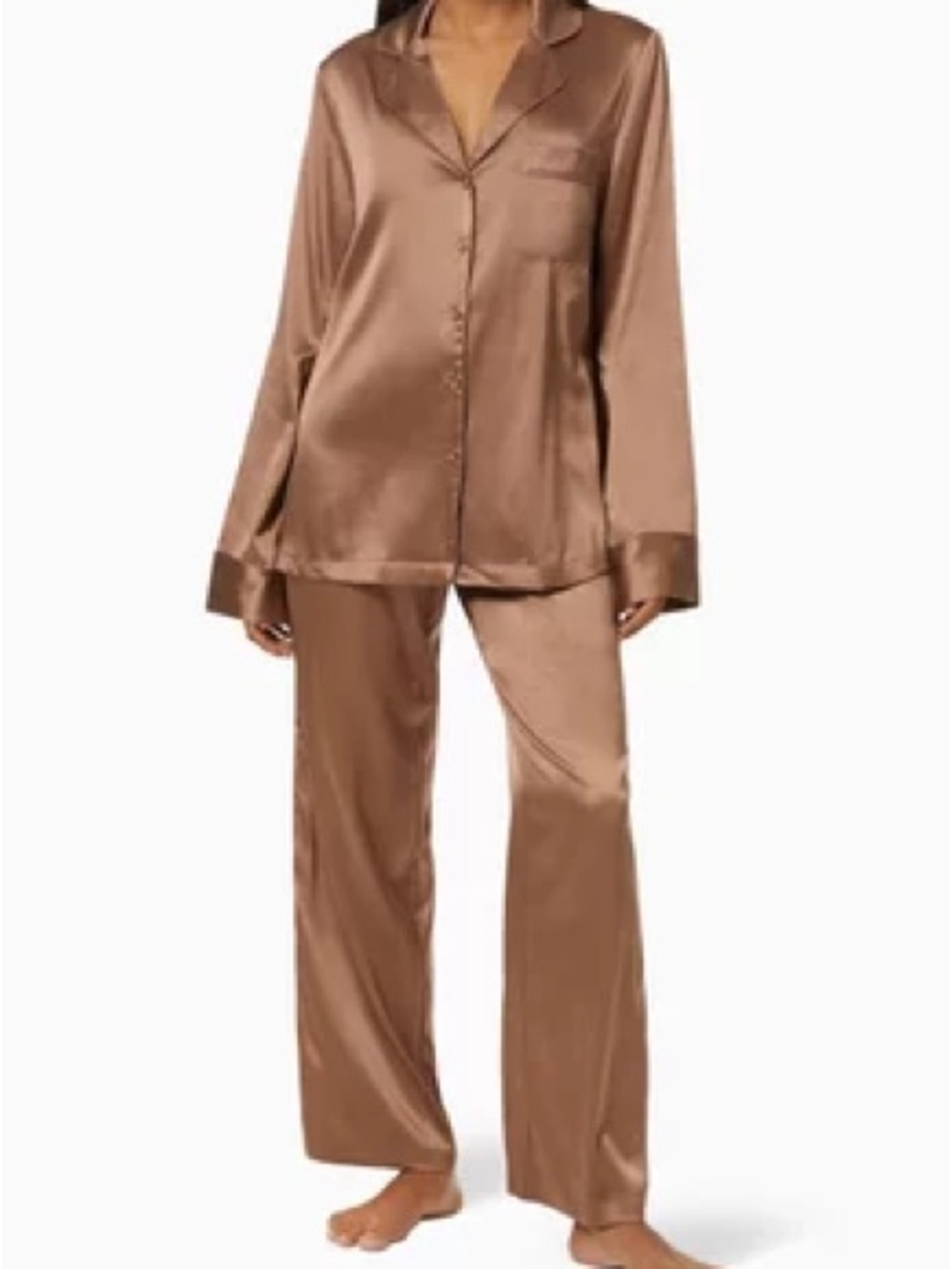 SKIMS PAJAMA SET - WOVEN SATIN SHINE LONG SLEEP SET | COLOR: SIENNA BROWN